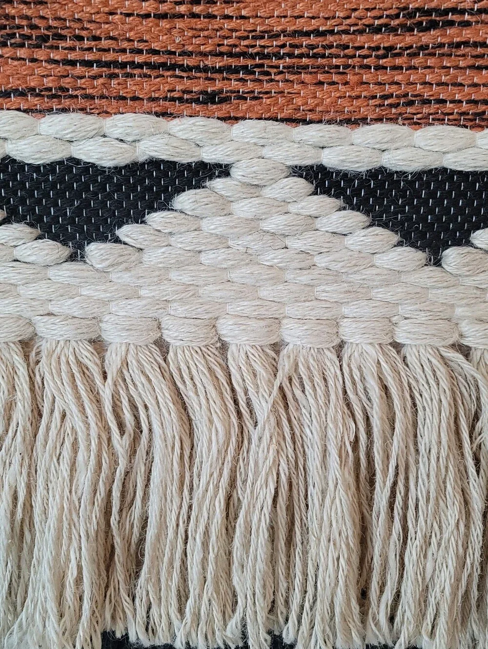 India Woven Jute Boho Wall Hanging - Neutral Cream, Black & Burnt Orange MCM